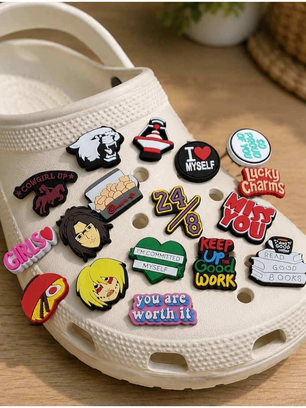 Lot of 17 Croc Charms Jibbitz Pins Cute Anime Quotes & Aesthetic Accessories